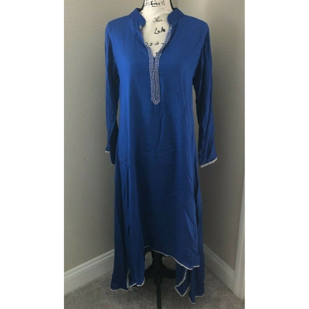 BHOOM SHANTI BLUE BEADED SEQUINED KAFTAN TUNIC DRESS - SIZE LARGE  (md)